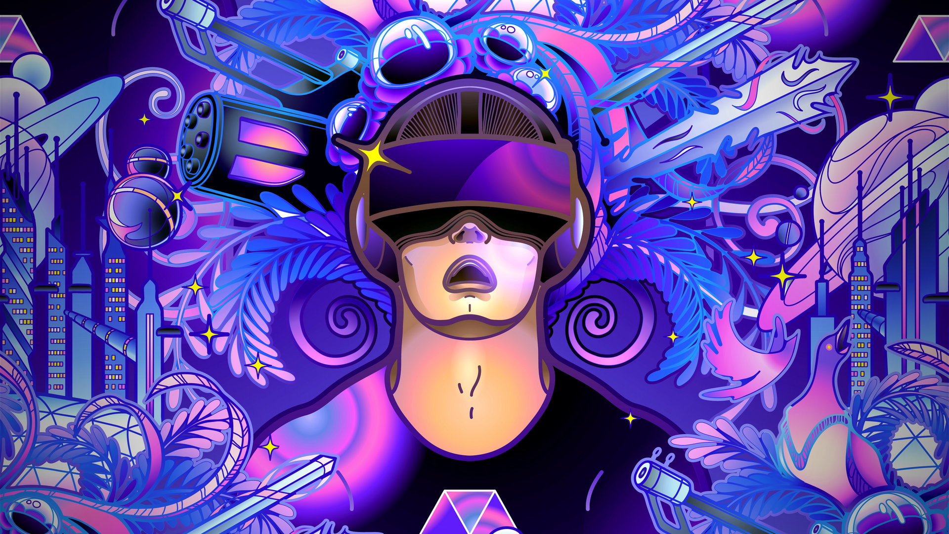 Graphic man wearing virtual reality headset