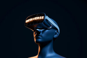 conceptual and futuristic 3d woman with virtual reality goggles and illuminated METAVERSE sign. futuristic concept of video games, NFT, VR and crypto. 3d rendering