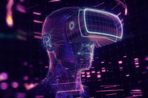 3D render, visualization of a man wearing virtual reality glasses, electronic head device, avatar, virtual data, ultraviolet grid, neon light. User interface. Player one ready for the game.