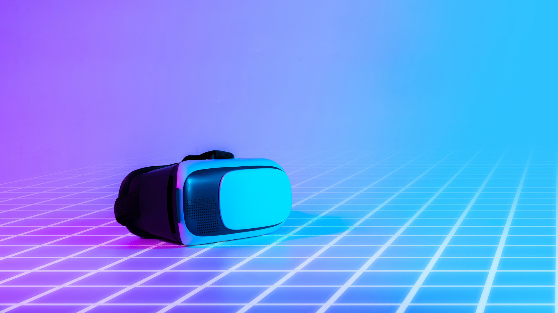 Virtual reality glass VR. 3d digital glasses on futuristic neon tech background. Amazing technology, online game, entertainment, study and virtual world