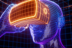 3D render of virtual man holding virtual reality glasses surrounded by virtual data with neon orange lines and dots. Player begins the VR game. VR experience.