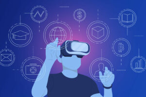 Man wearing VR glasses virtual Global Internet connection metaverse with a new experience in metaverse virtual world. Metaverse technology concept Innovation of futuristic.Vector illustration.