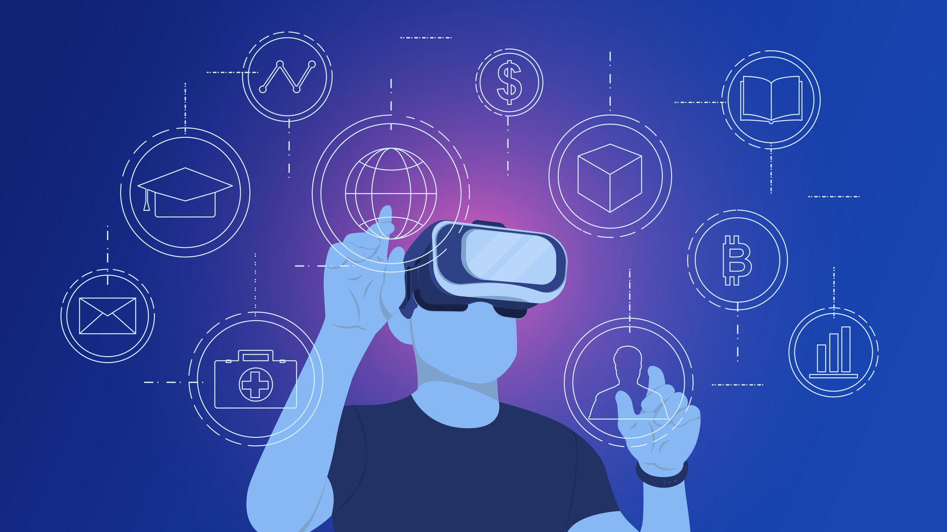 Man wearing VR glasses virtual Global Internet connection metaverse with a new experience in metaverse virtual world. Metaverse technology concept Innovation of futuristic.Vector illustration.