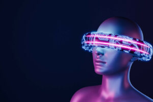 3d girl with electronic ring covering her eyes. neon lights. futuristic concept of virtual reality, video games, technology, metaverse and crypto. 3d rendering