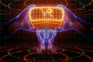 3D render, visualization of a man holding virtual reality glasses, electronic device, head surrounded by virtual data with neon grid. User interface. Player one ready for the game. Virtual experience.
