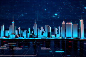 Panorama view of Metaverse, Futuristic city neon light with power energy tron light background. Digital technology Concept Background. Cityscape Futuristic 3D render.