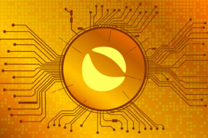 Terra LUNA cryptocurrency token symbol of the DeFi project in circle with PCB tracks on gold background. Currency icon. Decentralized finance programs. Vector EPS10.