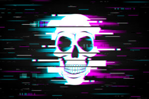 Glitch on computer screen with smiling human skull. Artificial intelligence, computer virus and hacker attack danger, online cybersecurity threats background with video signal error effect vector