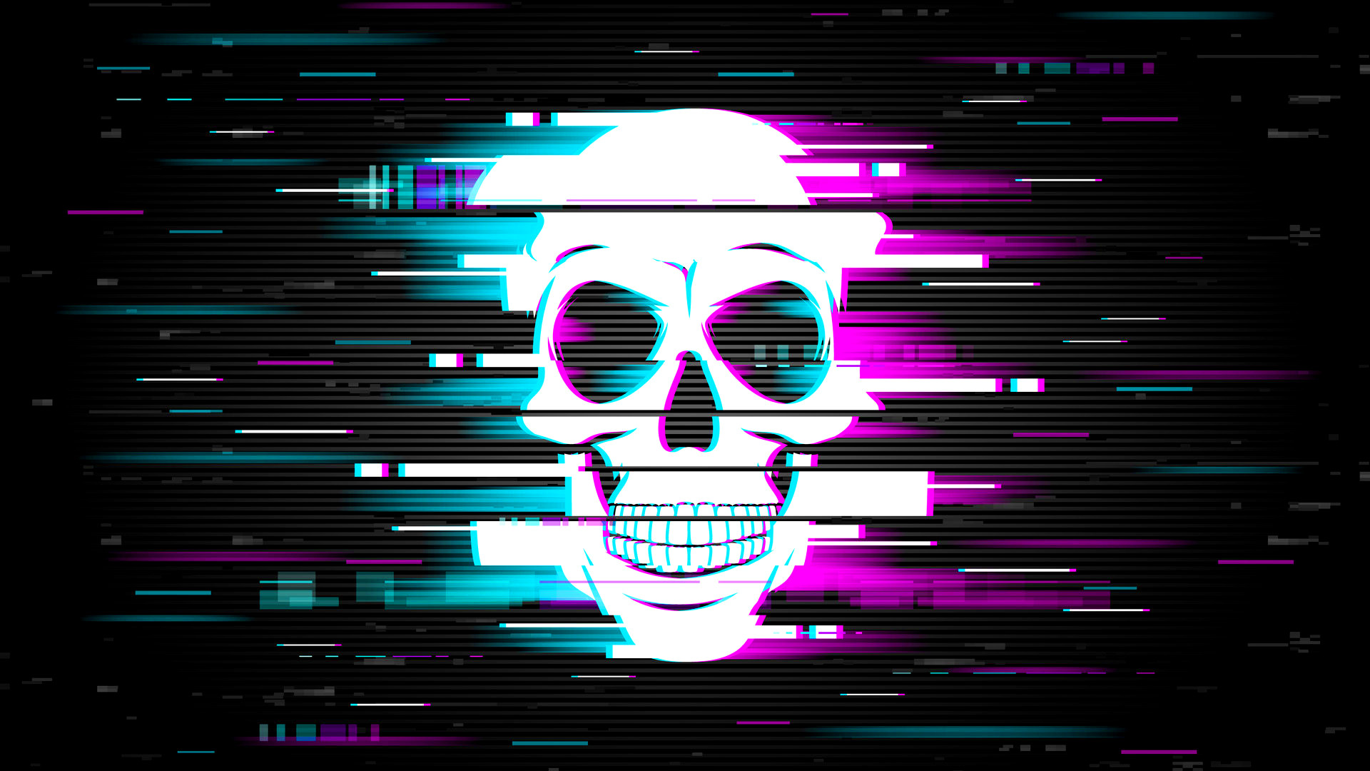 Glitch on computer screen with smiling human skull. Artificial intelligence, computer virus and hacker attack danger, online cybersecurity threats background with video signal error effect vector