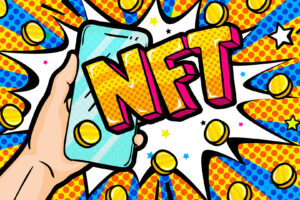 Concept of non fungible token. Hand holding a phone with Text NFT in pop art style. Pay for unique collectibles in games or art. Vector illustration.