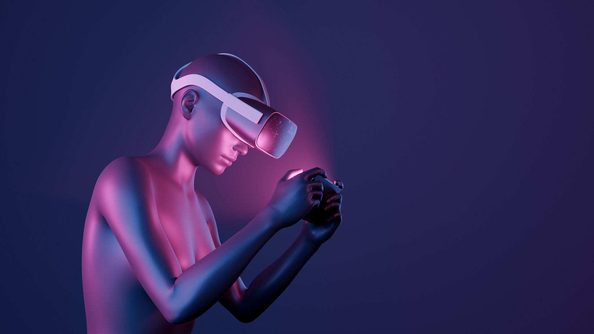 3d girl with virtual reality glasses playing with mobile phone. neon lights. futuristic concept of metaverse, play to earn, nft and cryptocurrencies. 3d rendering