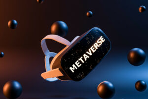 virtual reality glasses with metal spheres floating around and illuminated sign with the word METAVERSE. futuristic concept of video games, NFT, VR and crypto. 3d rendering