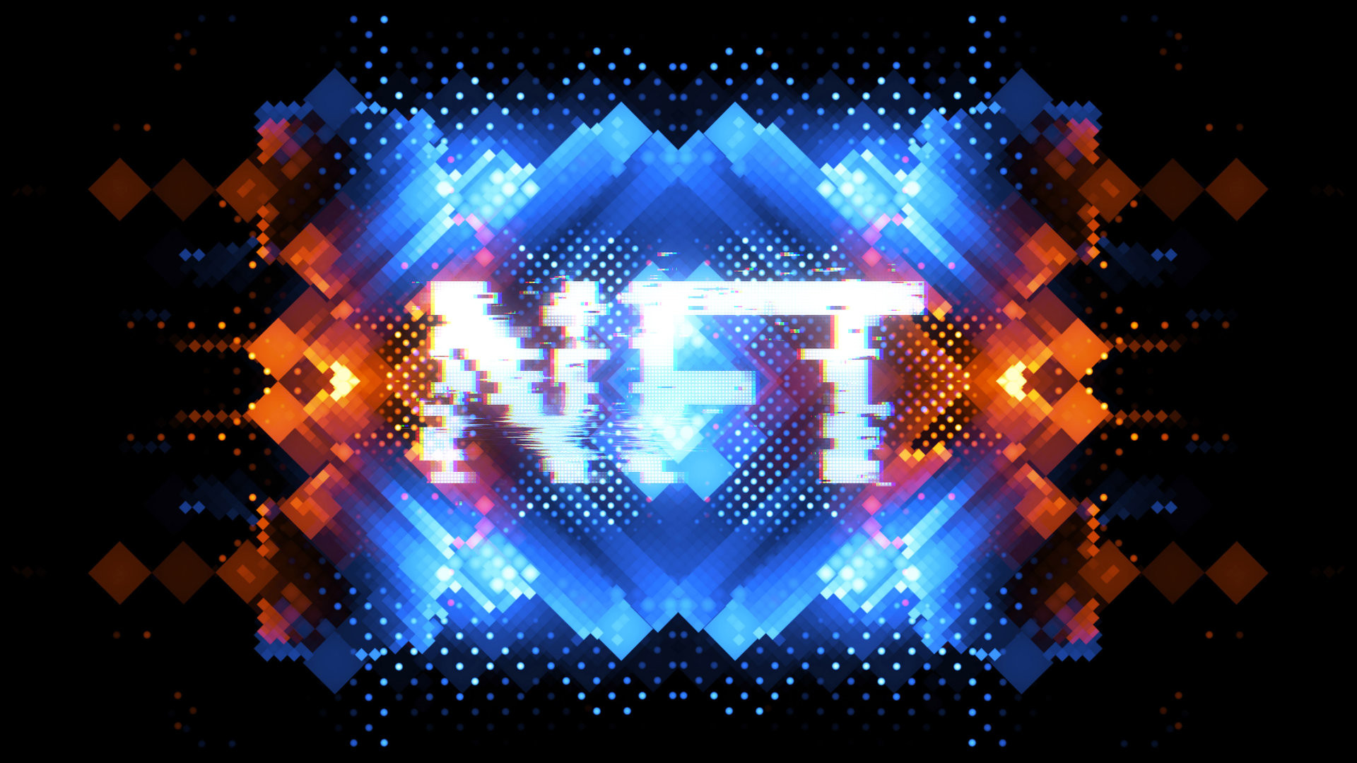 Crypto currency. Abstract effect. Future tech. NFT non-fungible token. Digital cryptoart. Shine grid. Neon flare. Quantum computer. Magic code. Grid HUD lines. Web device. 3d rendering. QR code