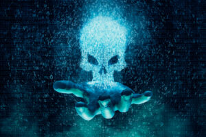 Computer crime and virus concept / 3D illustration glowing skull formed by binary digits floating above open hand