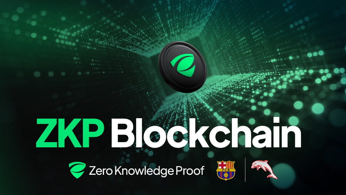 ZKP Blockchain banner with Zero Knowledge Proof logo, green digital network background, and FC Barcelona and Dolphins branding.